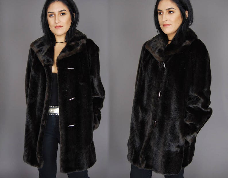 Brown DUBROWSKY /& PERLBINDER Faux Fur Jacket Vtg 70s Herringbone Leather Long Feathered Fancy Party Exclusively Warm Winter Coat LargeXL