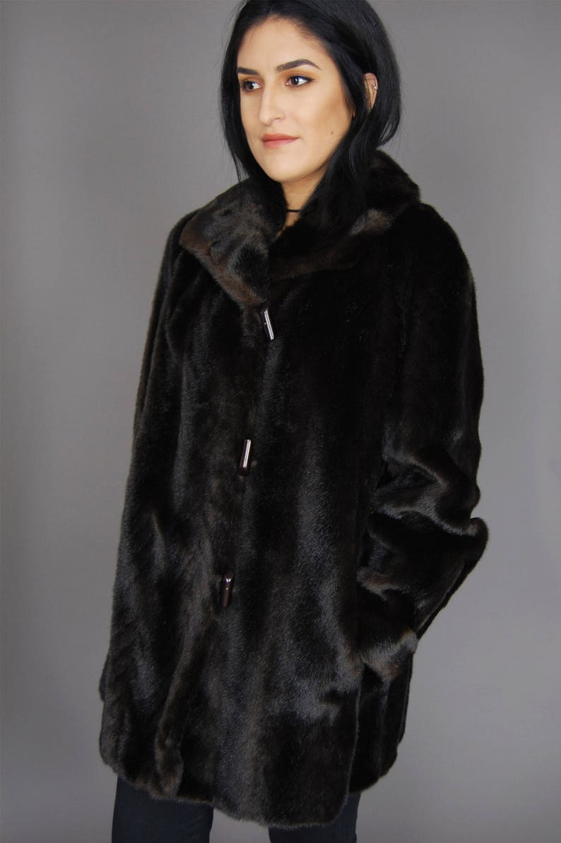 Brown DUBROWSKY /& PERLBINDER Faux Fur Jacket Vtg 70s Herringbone Leather Long Feathered Fancy Party Exclusively Warm Winter Coat LargeXL