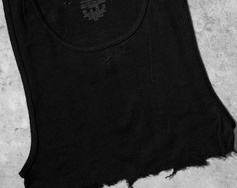 Distressed Black Ribbed Tank Top, Underboob Crop Tank, Grunge Cut Off Top, Reworked Punk Alt Clothing, S/M/L
