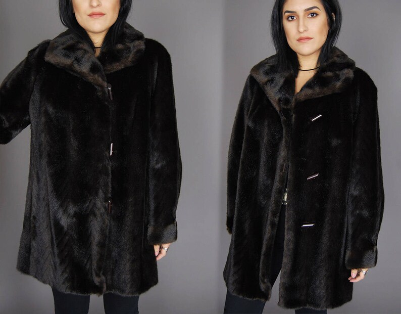 Brown DUBROWSKY /& PERLBINDER Faux Fur Jacket Vtg 70s Herringbone Leather Long Feathered Fancy Party Exclusively Warm Winter Coat LargeXL