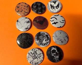 Halloween Metal Pinback Buttons Set Pins Punk Rock | Bats, Skulls, Spiders, Spider Webs, Metal Cat, Black | Gift DIY Custom 1” 1 inch 25mm