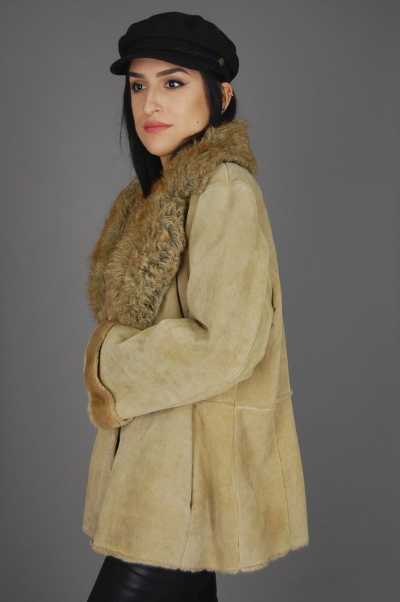 St John S Bay Shearling Suede Leather Jacket Vtg 90s Tan Faux Fur Sherpa Penny Lane Hippie Boho Country Western Warm Winter Coat Large Xl