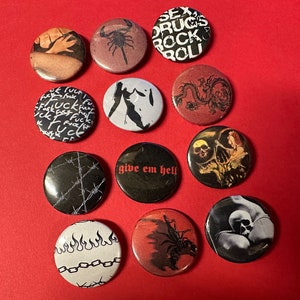 Punk Rock Button Pins Set, Grunge Metal Pinback Buttons, Skull Dragon Barbed Wire Pins, DIY Jacket Pins, 1 Inch 25mm