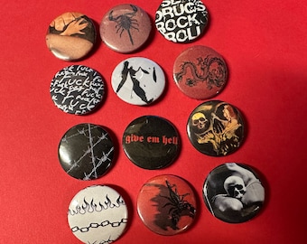 Punk Rock Metal Pinback Buttons Set Pins | Scorpion, Dragon, Fire, Chain, Skull, Woman, Barbed Wire, Rock & Roll DIY Custom 1” 1 inch 25mm