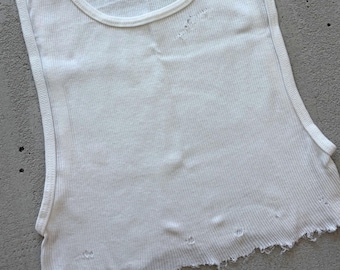 Distressed Ribbed Tank Top, White Underboob Crop, Punk Grunge Cut Off Tank, Reworked Alt Y2K Biker Tee, S/M/L, Punk Rock Lies Collection