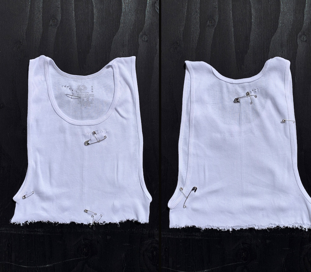 Punk Rock Lies Ribbed White Safety Pin Cut Off Crop Underboob Tank Top Silver Distressed Ripped Biker Thin Tee T Shirt Biker Grunge - S/M/L Alwasky