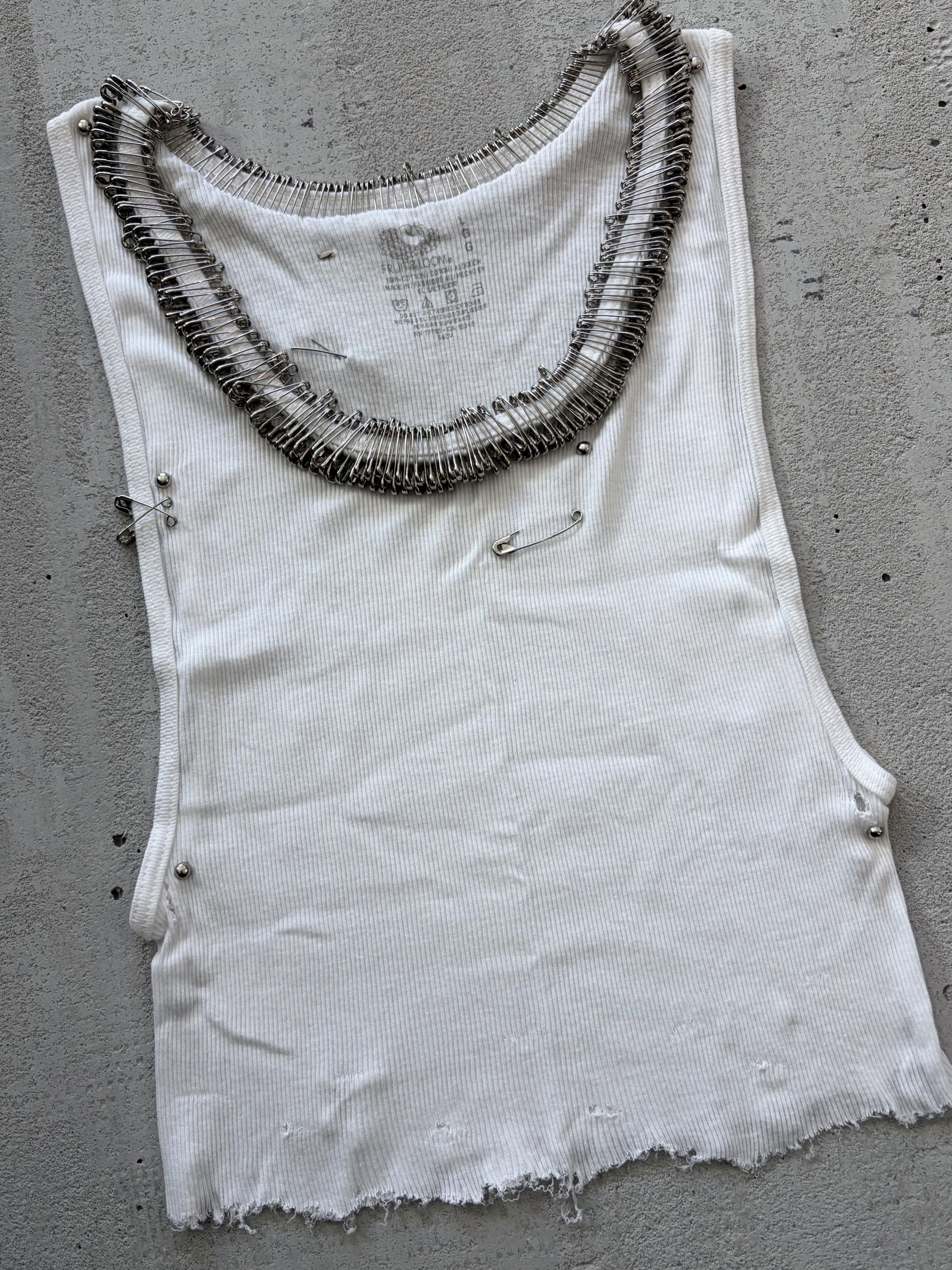 Studded Safety Pin Distressed White Crop Tank, Ribbed Cut off