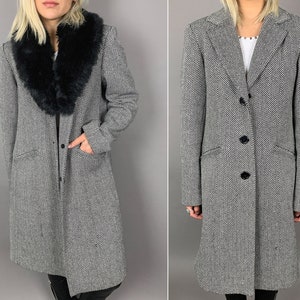 Large/XL Vintage Long Gray WOOL Maxi Coat Blazer 70s/80s Comfy Warm Winter Statement Minimalist Shoulder Padding Jacket Grey Topcoat