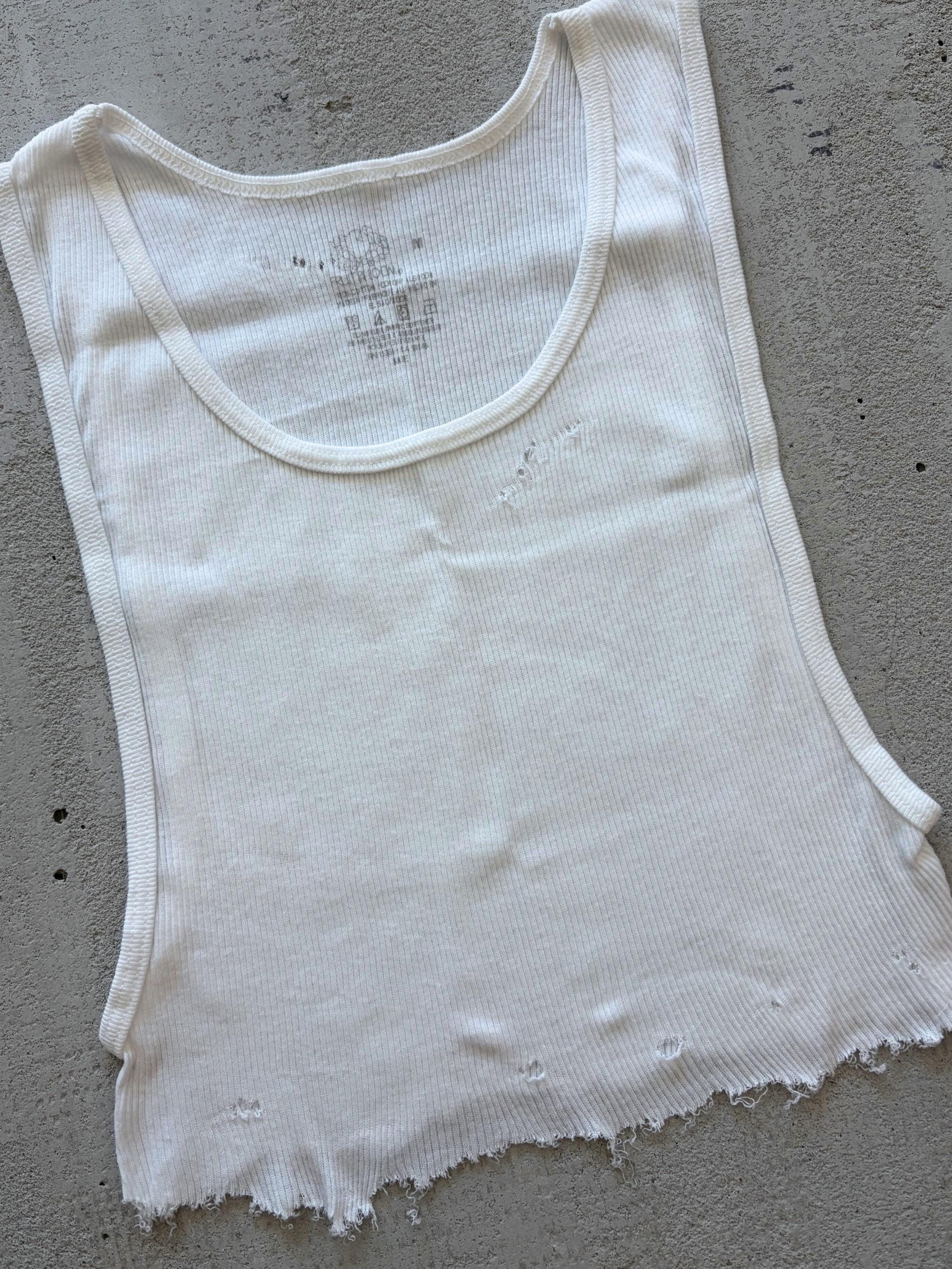 Distressed Ribbed Tank Top, White Underboob Crop, Punk Grunge Cut