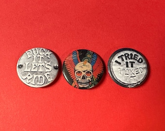 Motorcycle Metal Pinback Buttons Set Pins | Punk Rock, Fuck It Let’s Ride, Skull, I Tried It I Liked It, Biker | DIY Custom 1” 1 inch 25mm