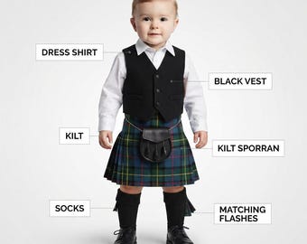 Baby Boys Tartan Kilt Outfit Set | Traditional Scottish Highland Wear with Black Vest, Dress Shirt, Sporran, Socks, Flashes 50+ Tartans