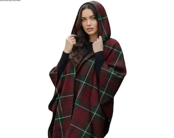 Scottish Tartan Hoodie Ruana | Vintage Wool Blend Plaid Poncho Cape