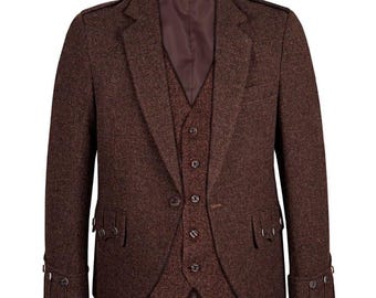 Scottish Brown Tweed Wool Argyle Jacket With Vest Wedding Kilt Jacket For Men's Chest Size 34''-54''