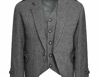 Men's Scottish Grey Tweed Argyle Kilt Jacket With 5 Button Vest Wedding Argyle Jacket Chest 34''-54''