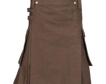 Handgefertigte Utility-Kilts aus Baumwolle, Schwarz, Grau, Braun, verstellbare Schnalle, tiefe Taschen