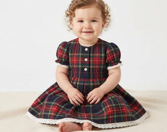 ベビーガール用スコットランドタータンドレス、赤のチェック柄クリスマスドレス、幼児用ハイランドドレス、パフスリーブパーティードレス、50種類以上のタータン柄をご用意