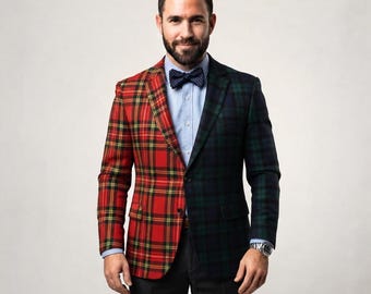 Custom Split Tartan Blazer Coat, Men's Split Plaid Jacket, Two Tone Tartan Suit Coat, Scottish Highland Wear, Available in 50+ Tartans