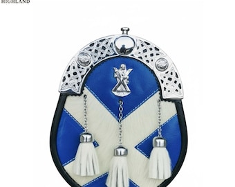 Handmade Scottish Leather Sporran: Blue & White Kilt Accessory