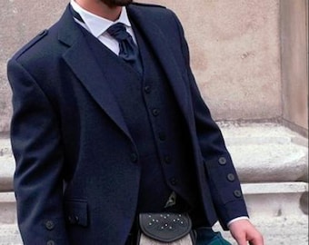 Men's Scottish Navy Blue Argyle Kilt Jacket With 5 Button Vest Wedding Kilt Jacket Chest 34''-54''