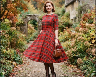 Red Tartan Dress for Women, Scottish Plaid Midi Dress, Highland Dress, Vintage Checkered Dress Cottagecore Dress Christmas Dress 50+ Tartans