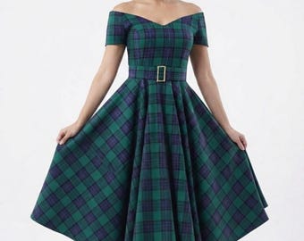Women's Scottish Tartan Dress: Off-Shoulder Plaid Swing Dress (50+ Tartans)