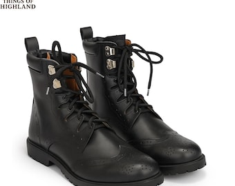 Handmade Black Leather Kilt Boots | Scottish Ghillie Brogue