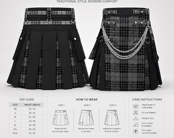 Handgefertigter schwarz-grauer Hybrid-Kilt: Gothic-Tartan, Ketten, Taschen, moderne schottische Mode