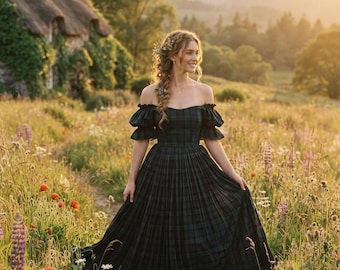 Custom Tartan Maxi Dress Off-the-Shoulder Scottish Plaid Dress Cottage core Prairie Dress Renaissance Festival Costume in 50+ Tartans