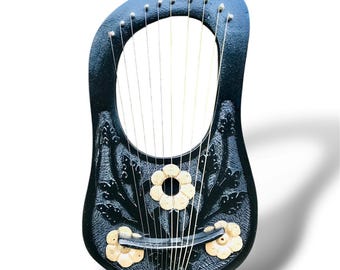 Handmade Black & Gold Lyre Harp: 10-String Floral Design
