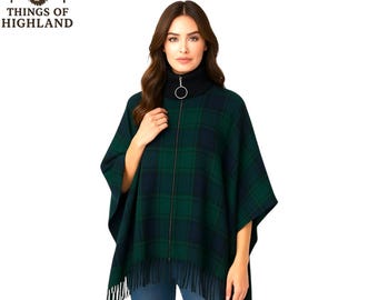 Scottish Tartan Wool Blend Ruana Cape: Black Watch Plaid Poncho