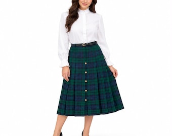 Women's Black Watch Tartan Maxi Skirt, Button Front Pleated Plaid Skirt, Scottish Highland Clothing, Green Blue Tartan Skirt, 50+ Tartans