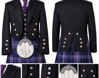 Men's Scottish Prince Charlie Kilt Jacket With 5 Button Vest Wedding Kilt Jacket Chest Size 34''-54''