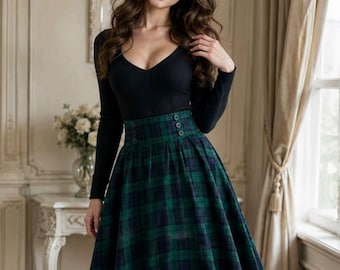 Black Watch Tartan Midi Skirt | High-Waisted A-Line Highland Fashion
