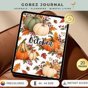May include: A digital journal cover titled October featuring a white background with illustrations of orange, white, and green pumpkins, autumn leaves, berries, and acorns. The journal includes 20 pages, is available in A5 and A4 sizes, and is precolored.