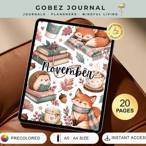 May include: A digital journal cover featuring a repeating pattern of foxes, a hedgehog, books, coffee cups, candles, and autumn leaves. The word November is written in black script in the center. The design includes a 20 pages label and A5 A4 size text.