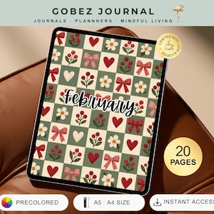 May include: A digital tablet displaying a February journal page with a checkered pattern of sage green and cream squares. The design features repeating motifs of red hearts, pink bows, white flowers, and red berries. The word February is centered in black.
