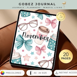 May include: A digital planner cover titled November featuring a white background with a pattern of teal and pink bows, stars, eyeglasses, and coffee cups. A gold circular badge reads 20 PAGES, and another reads CRAFTED WITH LOVE & COFFEE.