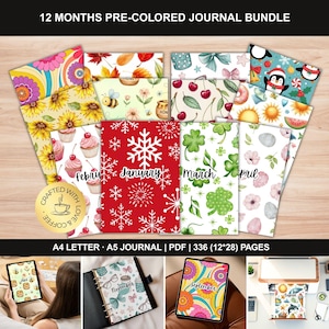 May include: A bundle of 12 pre-colored journals with various designs, including floral, seasonal, and holiday themes. Each journal cover features unique illustrations and the month's name. The bundle includes A4 and A5 sizes with 336 pages.