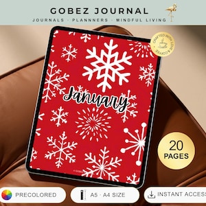 May include: A digital planner cover featuring a vibrant red background with a repeating pattern of white snowflakes and starbursts. The word January is written in a black script font in the center. A gold circular badge indicates 20 pages.