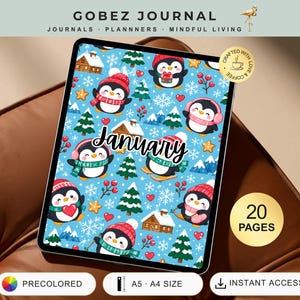 May include: A digital journal page titled JANUARY featuring a light blue background with a repeating pattern of penguins wearing winter hats and scarves, snow-covered pine trees, small cabins, snowflakes, red berries, and hearts.