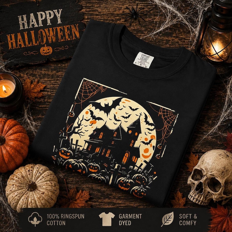 A black long-sleeve sweatshirt laid flat on a wooden surface, featuring a haunted house and pumpkin graphic centered on the chest.