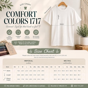 A size chart infographic featuring a white t-shirt hanging on a wooden hanger with width and length measurement arrows, along with a detailed sizing table in inches and centimeters.