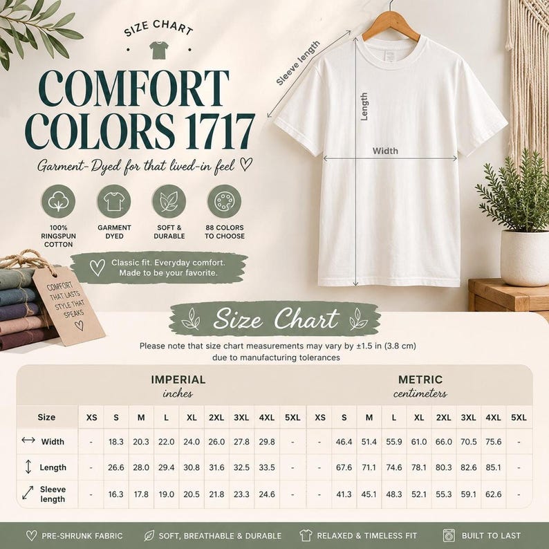 A size chart infographic featuring a white t-shirt hanging on a wooden hanger with width and length measurement arrows, along with a detailed sizing table in inches and centimeters.