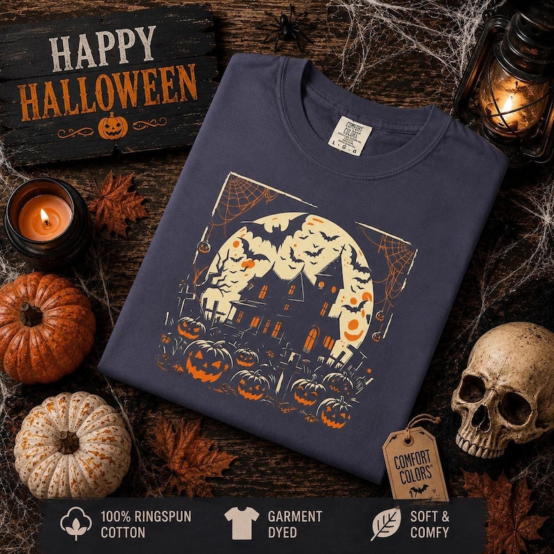A navy blue long-sleeve sweatshirt laid flat on wood, featuring a haunted house and pumpkin graphic alongside a lit candle and a skull.