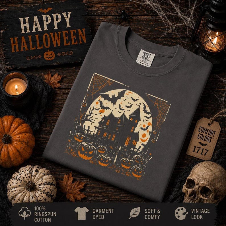 A charcoal gray long-sleeve sweatshirt laid flat on wood with a haunted house and pumpkin graphic, surrounded by pumpkins and a skull.