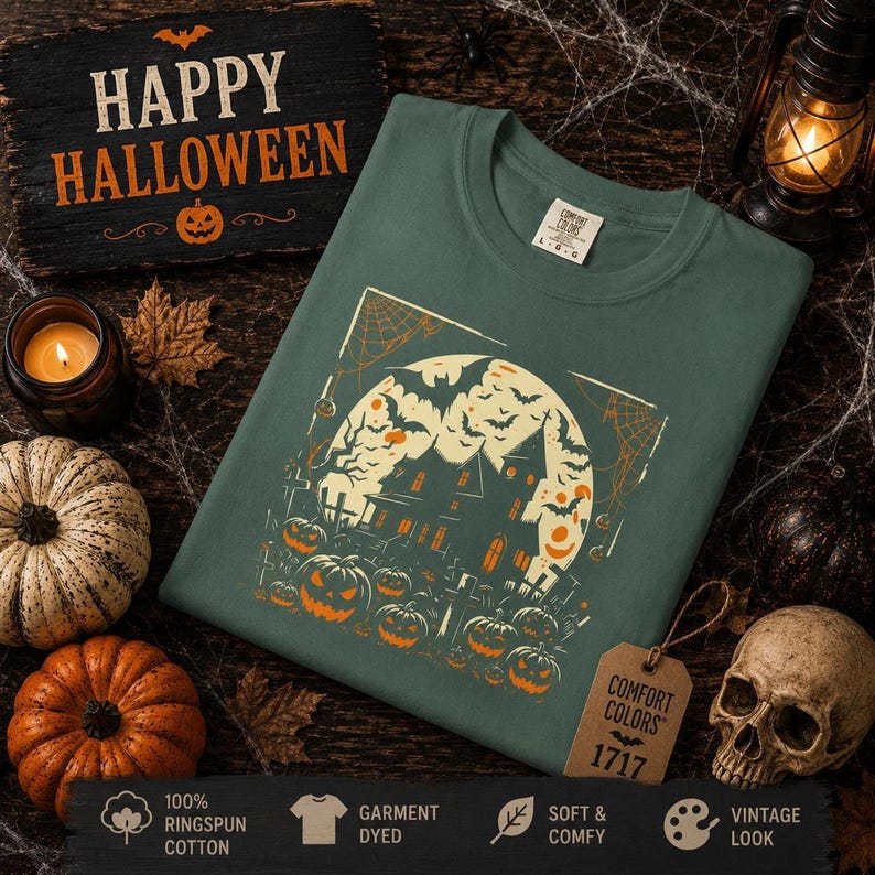 A green long-sleeve sweatshirt laid flat on a wooden surface with a haunted house and pumpkin graphic, styled with autumn props.
