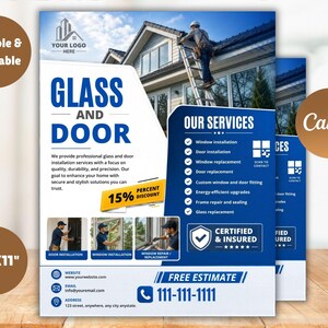 Puede incluir: Un folleto publicitario de servicios de vidrio y puertas, con una casa y un trabajador en una escalera. El folleto incluye el texto "GLASS AND DOOR", detalles del servicio y una oferta de descuento del 15%. También se muestran los datos de contacto.