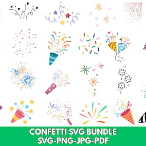Könnte beinhalten: Eine Sammlung farbenfroher Konfetti-Illustrationen in verschiedenen Stilen, darunter Sterne, Luftschlangen und Konfetti-Knaller. Das Bild zeigt eine Vielzahl von Designs, mit einem grünen Banner am unteren Rand mit der Aufschrift "Confetti SVG Bundle SVG-PNG-JPG-PDF".