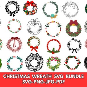 May include: A selection of Christmas wreath designs, featuring wreaths with bows, berries, and foliage. The image includes the text "CHRISTMAS WREATH SVG BUNDLE SVG-PNG-JPG-PDF".