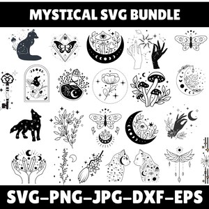 May include: Black and white mystical SVG bundle with various celestial and nature-inspired designs. Includes illustrations of a fox, butterfly, mushrooms, hands, moon phases, and stars. The text "MYSTICAL SVG BUNDLE" and file type options are displayed.